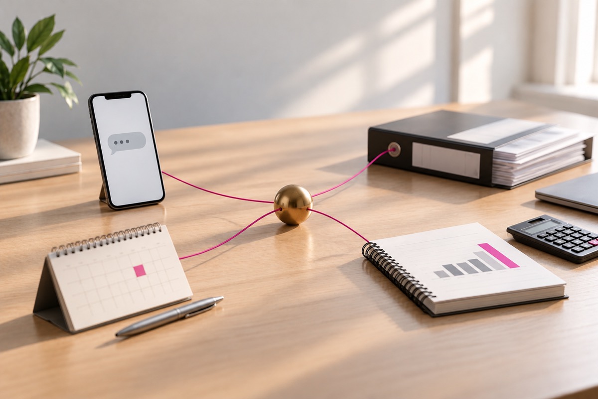 Un núcleo de latón del que salen hilos fucsia que operan a la vez un teléfono, una carpeta de facturas, un cuaderno con un gráfico y un calendario: agente de IA orquestando áreas de una PyME